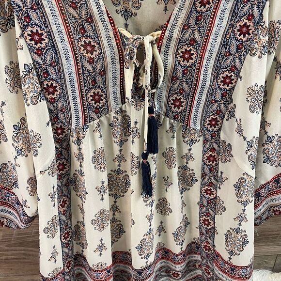 KNOX ROSE Women's Large Floral Boho Chic Peasant V Tie Neck Tassels Sheer Size S - Picture 5 of 8